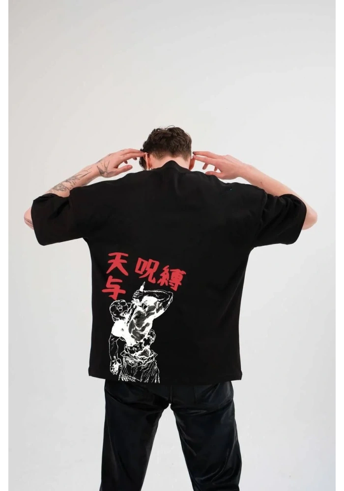 Erkek  Bisiklet Yaka Baskılı Oversize T-Shirt - Siyah