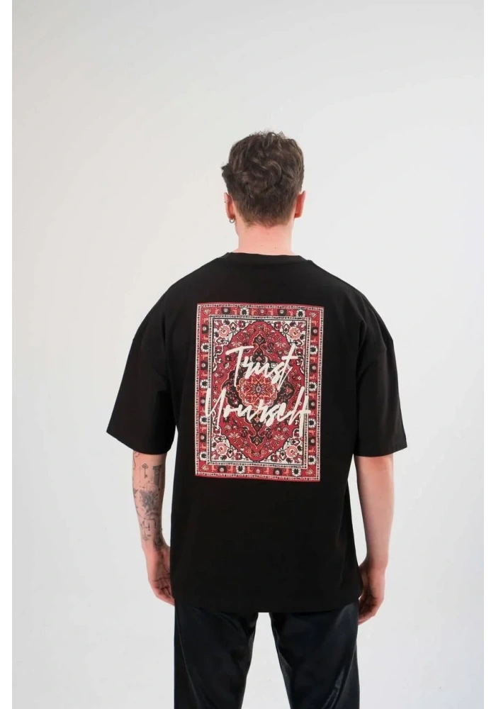 Erkek Bisiklet Yaka Baskılı Oversize T-Shirt - Siyah