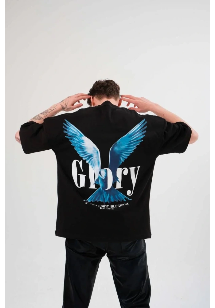 Erkek Bisiklet Yaka Baskılı Oversize T-Shirt - Siyah