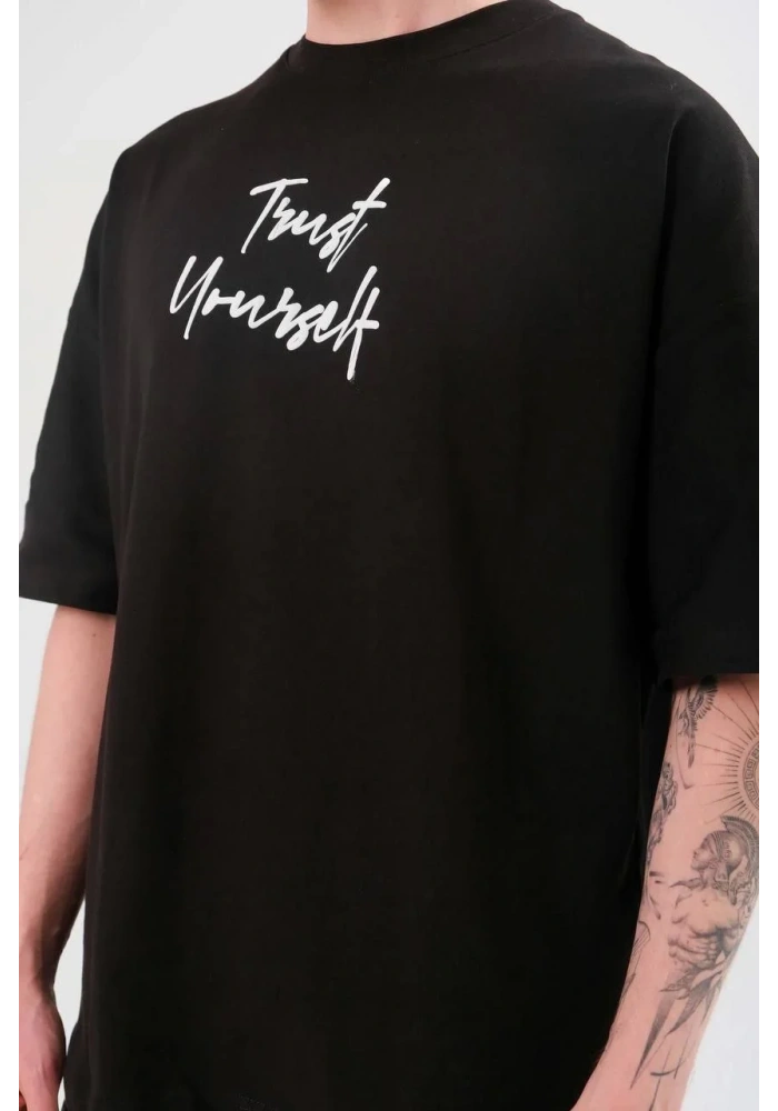 ERKEK Bisiklet Yaka Baskılı Oversize T-Shirt - Siyah