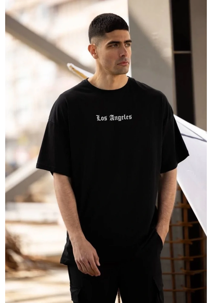 ERKEK Bisiklet Yaka Baskılı Oversize T-Shirt - Siyah