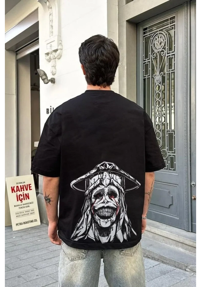 ERKEK Bisiklet Yaka ön ve arka Baskılı Oversize T-Shirt - Siyah