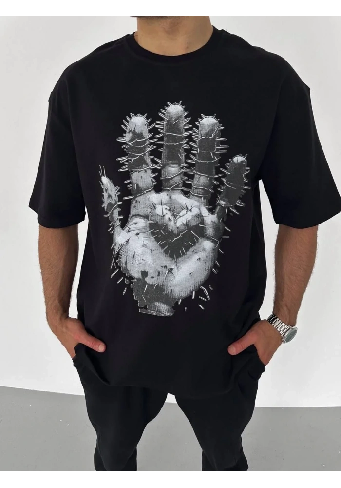 ERKEK Bisiklet Yaka Baskılı Oversize T-Shirt - Siyah