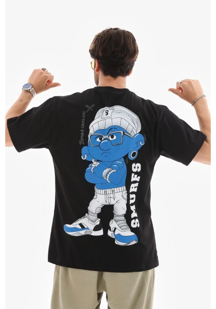 Erkek  Bisiklet Yaka Baskılı Oversize T-Shirt - Siyah