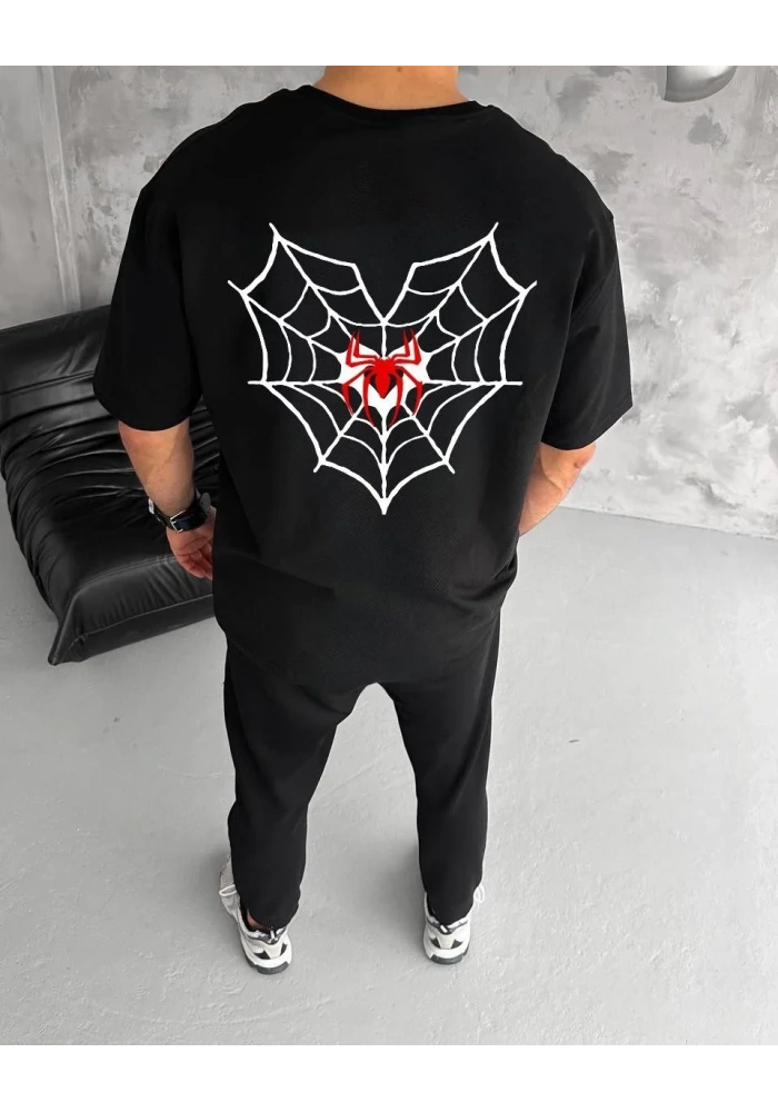 ERKEK  Bisiklet Yaka ön ve sırt örümcek Baskılı Oversize T-Shirt - Siyah