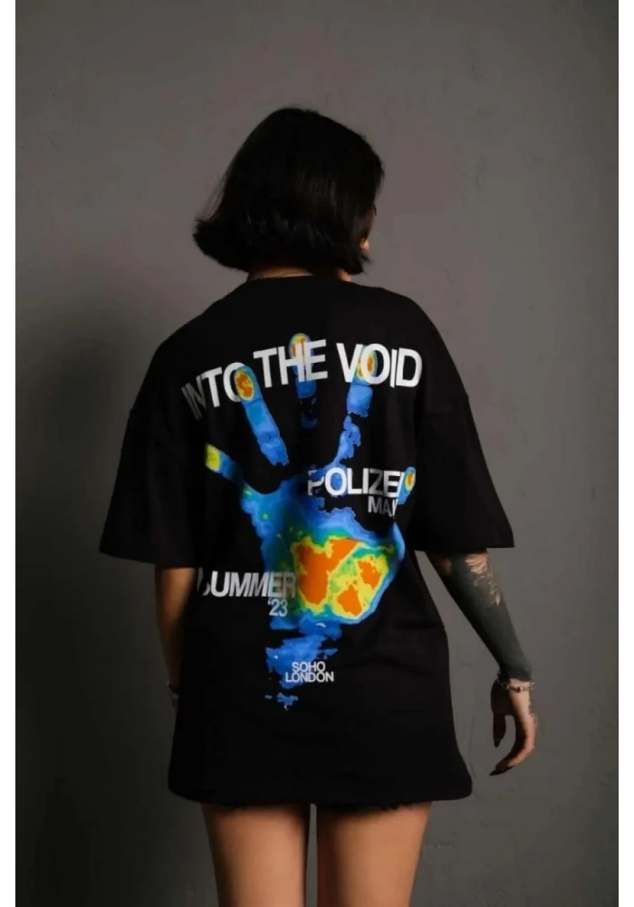 kadın Bisiklet Yaka Baskılı Oversize T-Shirt - Siyah