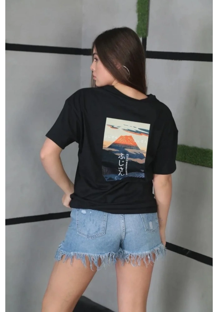 Kadın Bisiklet Yaka Baskılı Oversize T-Shirt - Siyah