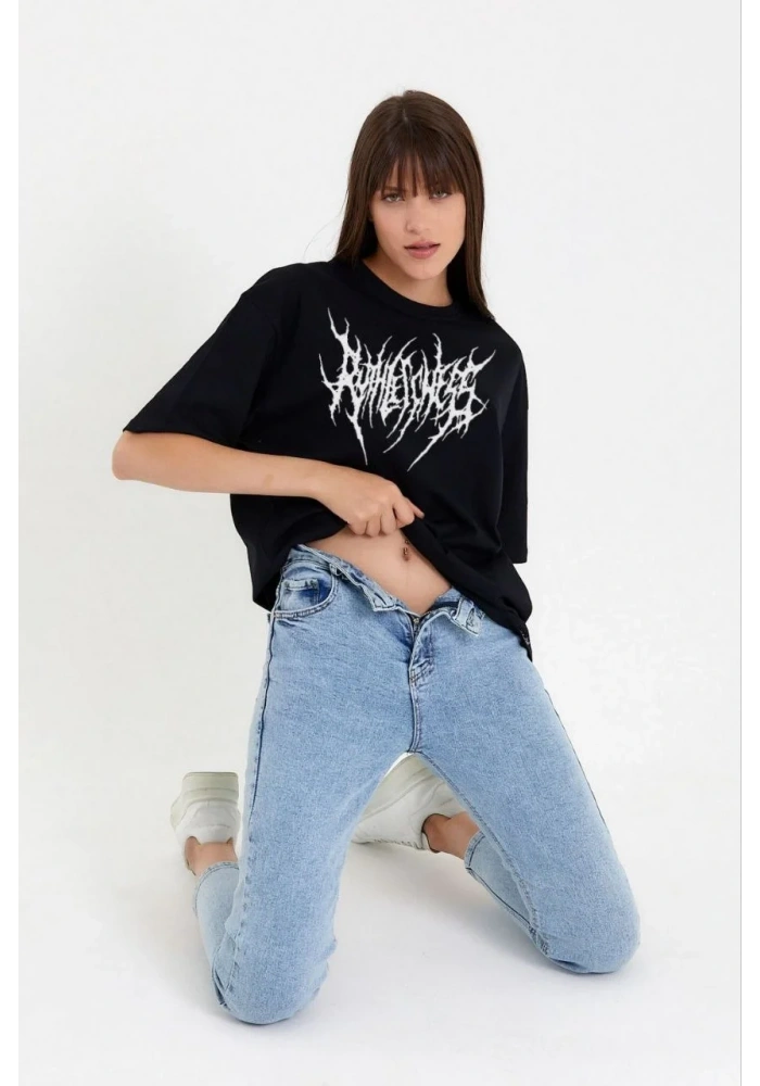 Kadın Bisiklet Yaka Baskılı Oversize T-Shirt - Siyah