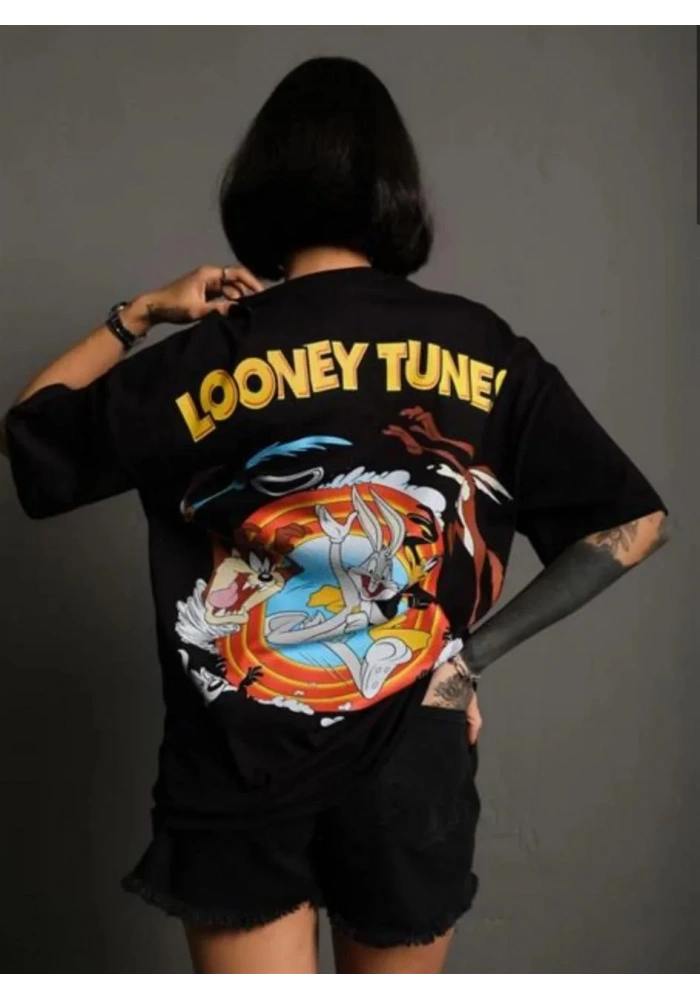 kadın Bisiklet Yaka Baskılı Oversize T-Shirt - Siyah