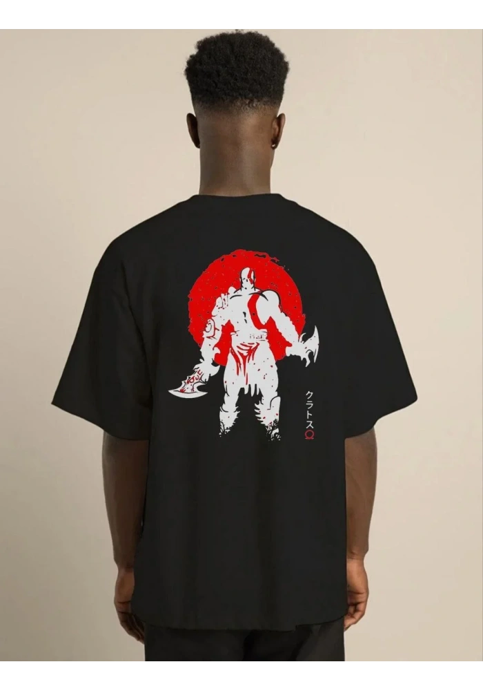 Erkek  Bisiklet Yaka Baskılı Oversize T-Shirt - Siyah