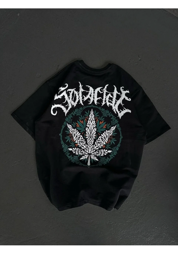 kadın  Bisiklet Yaka Baskılı Oversize T-Shirt - Siyah