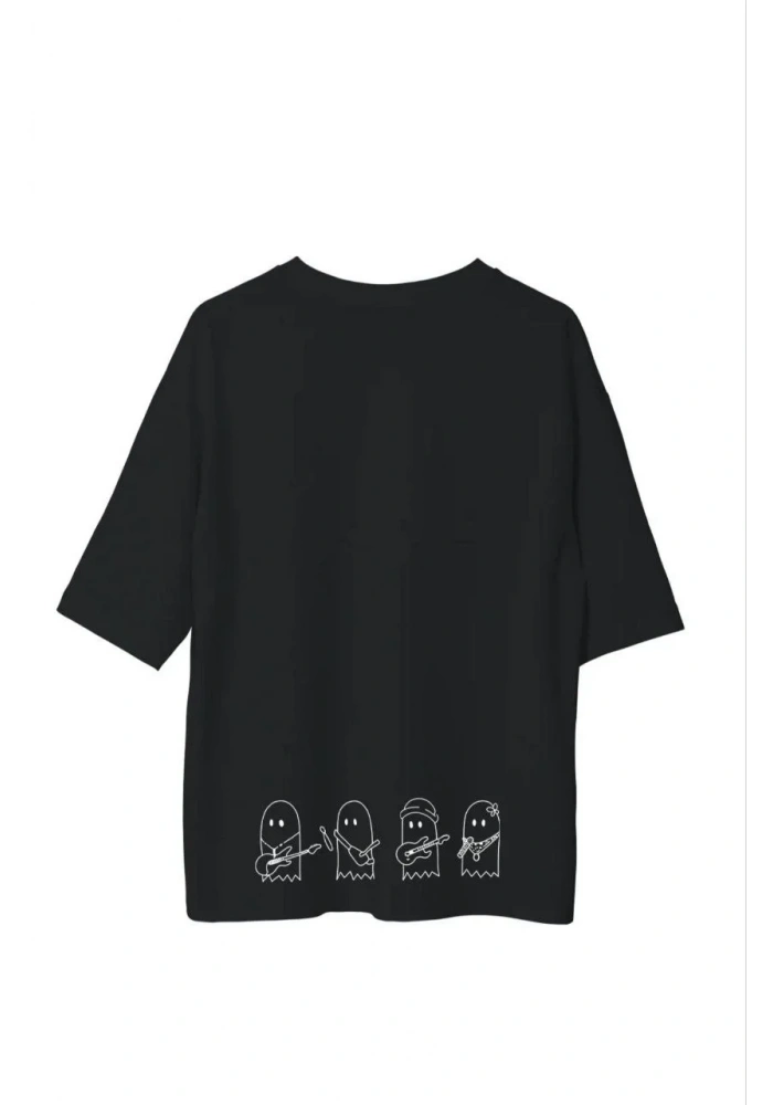 Erkek  Bisiklet Yaka Baskılı Oversize T-Shirt - Siyah