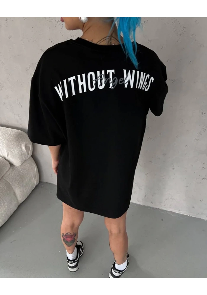 kadın Bisiklet Yaka Baskılı Oversize T-Shirt - Siyah