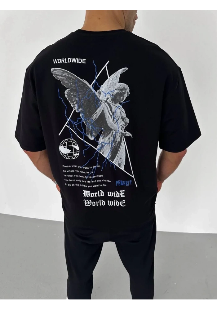 Erkek  Bisiklet Yaka Baskılı Oversize T-Shirt - Siyah