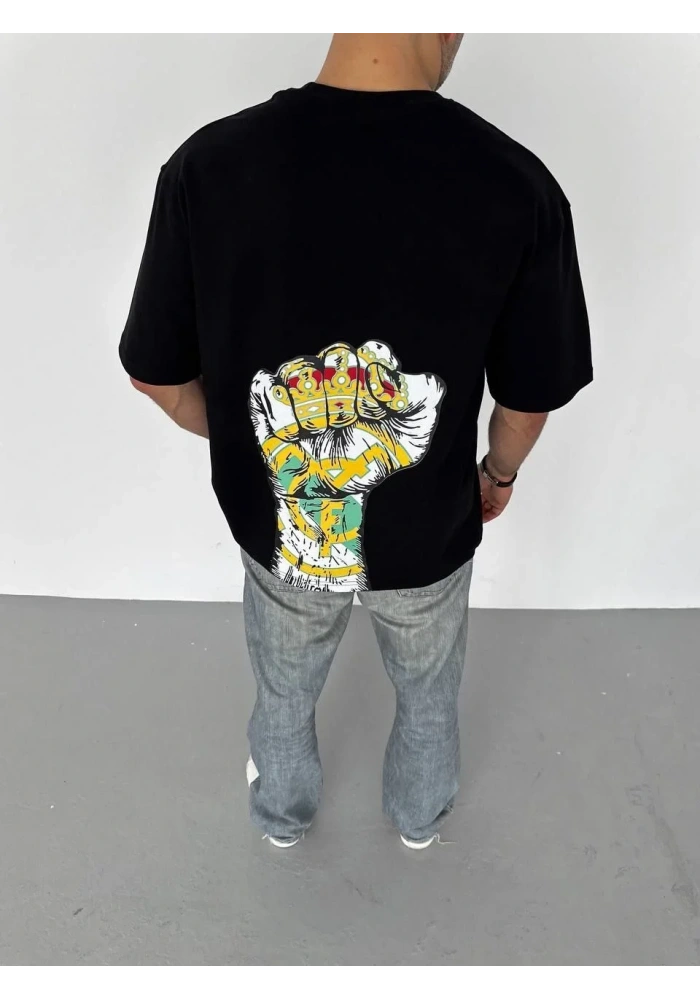 ERKEK Bisiklet Yaka Baskılı Oversize T-Shirt - Siyah