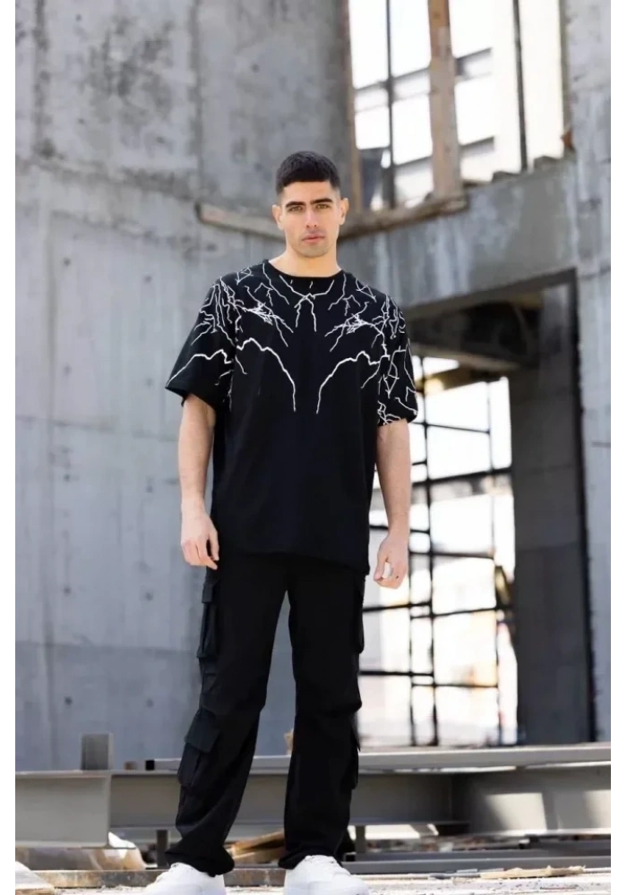 Unisex Bisiklet Yaka Baskılı Oversize T-Shirt - Siyah