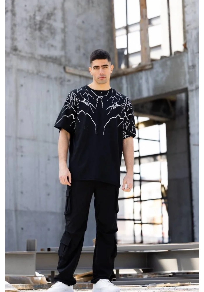 ERKEK Bisiklet Yaka Baskılı Oversize T-Shirt - Siyah