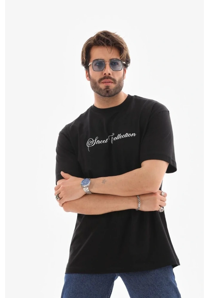 Erkek Kısa Kol Yazlık Tişört Bisiklet Yaka Baskılı Oversize T-Shirt - Siyah
