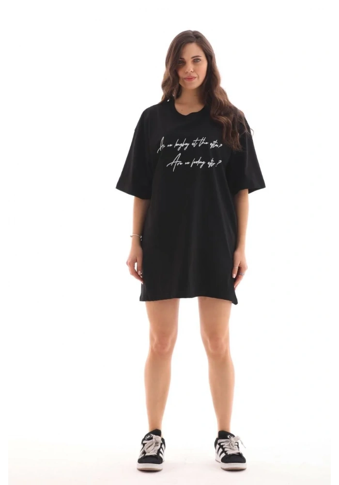 kadın  Bisiklet Yaka Baskılı Oversize T-Shirt - Siyah