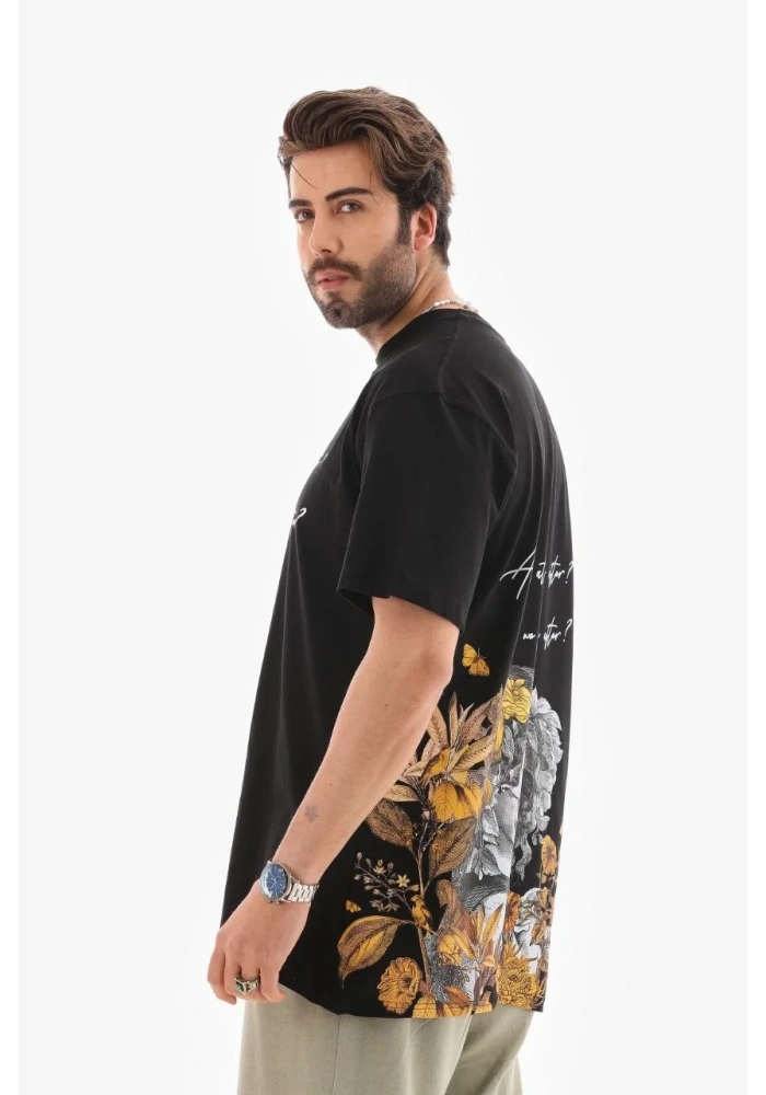 Erkek Bisiklet Yaka Baskılı Oversize T-Shirt - Siyah
