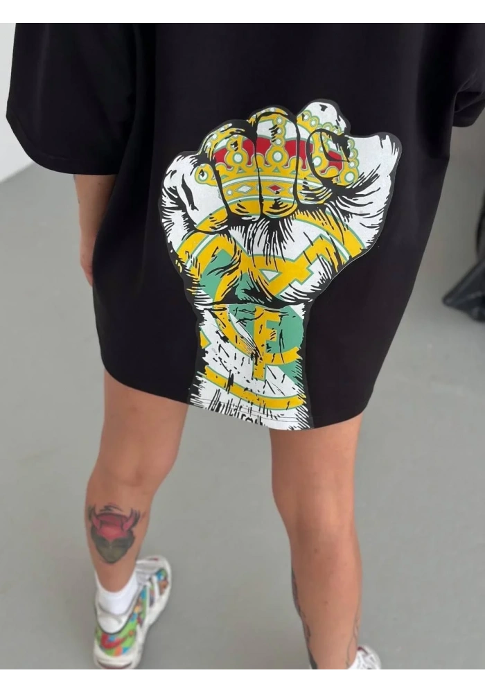 kadın  Bisiklet Yaka Baskılı Oversize T-Shirt - Siyah