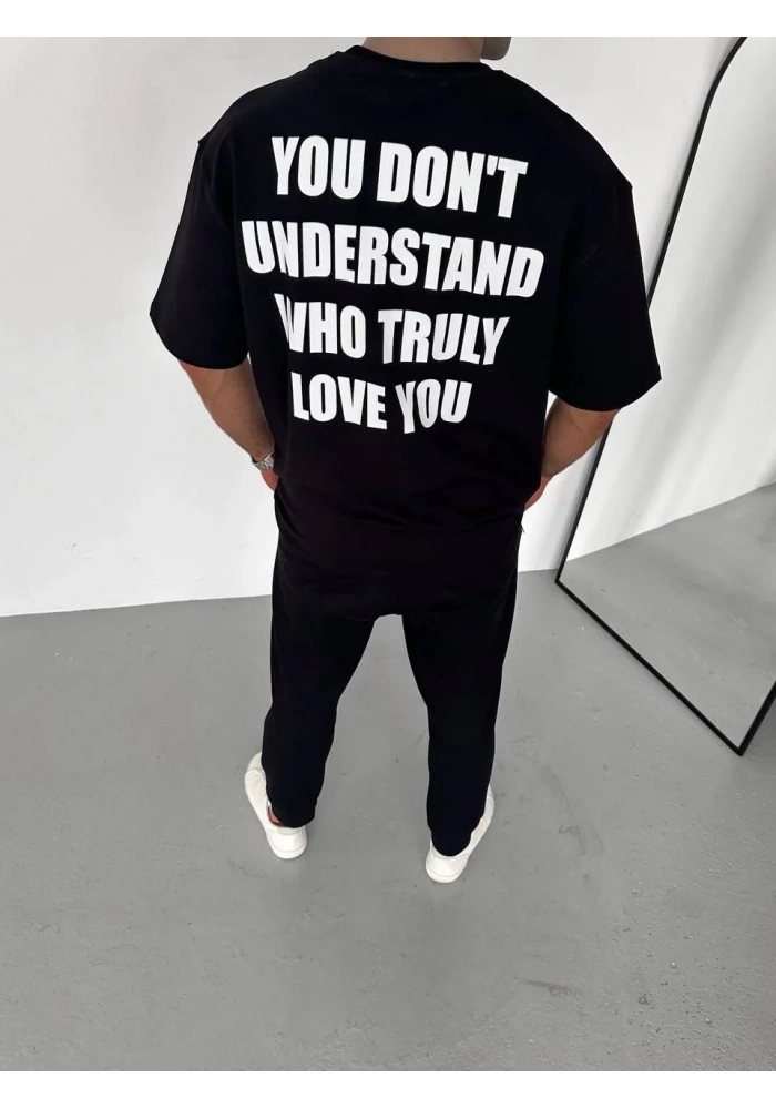 ERKEK Bisiklet Yaka Baskılı Oversize T-Shirt - Siyah