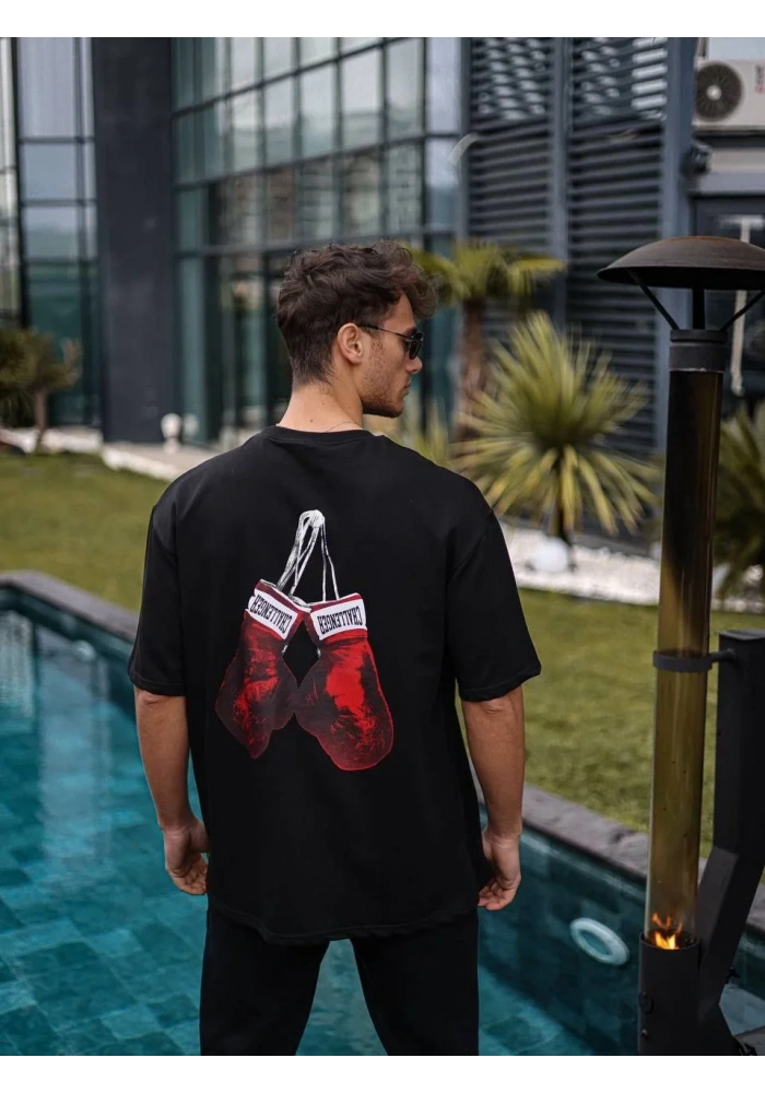 Erkek  Bisiklet Yaka Baskılı Oversize T-Shirt - Siyah