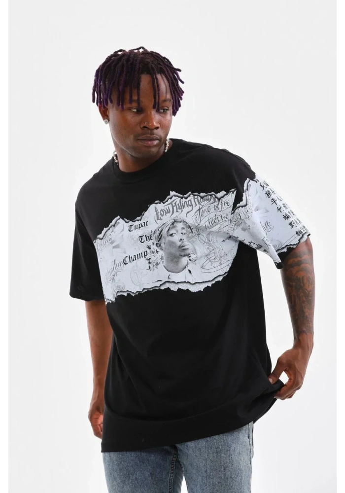 Erkek  Bisiklet Yaka Baskılı Oversize T-Shirt - Siyah