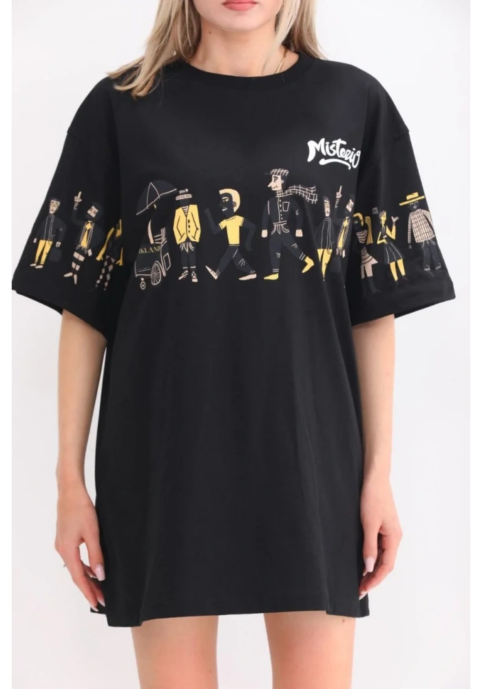 kadın  Bisiklet Yaka Baskılı Oversize T-Shirt - Siyah