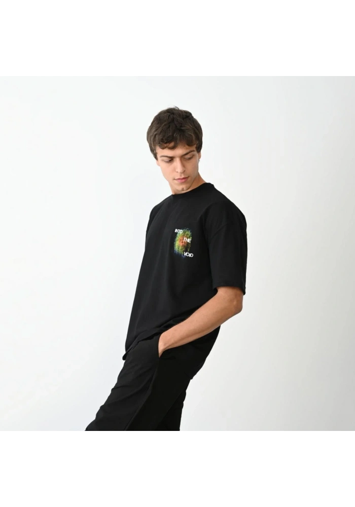 Erkek Bisiklet Yaka Baskılı Oversize T-Shirt - Siyah