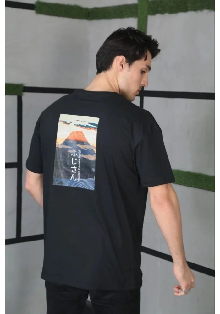 ERKEK Bisiklet Yaka Baskılı Oversize T-Shirt - Siyah