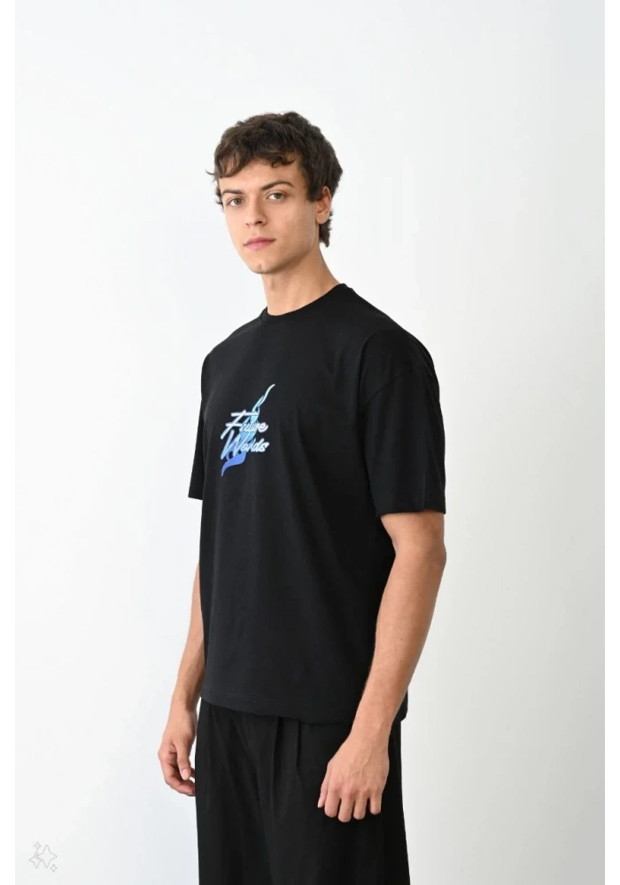 ERKEK Bisiklet Yaka Baskılı Oversize T-Shirt - Siyah