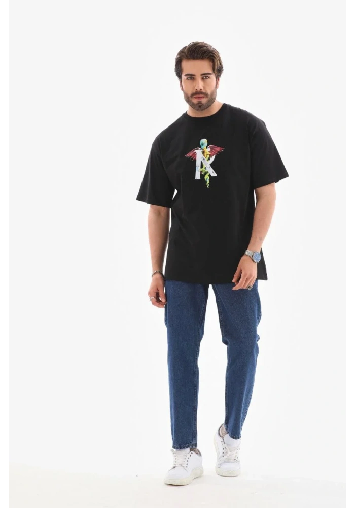 Erkek Bisiklet Yaka Baskılı Oversize T-Shirt - Siyah