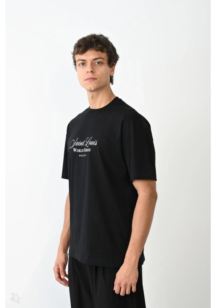 ERKEK Bisiklet Yaka Baskılı Oversize T-Shirt - Siyah