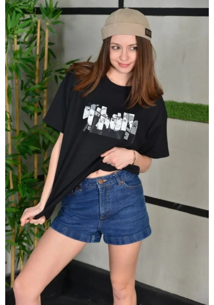 Kadın Bisiklet Yaka Baskılı Oversize T-Shirt - Siyah