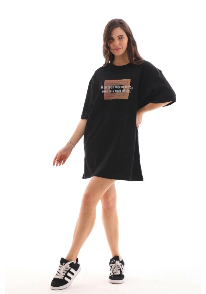 kadın Bisiklet Yaka Baskılı Oversize T-Shirt - Siyah