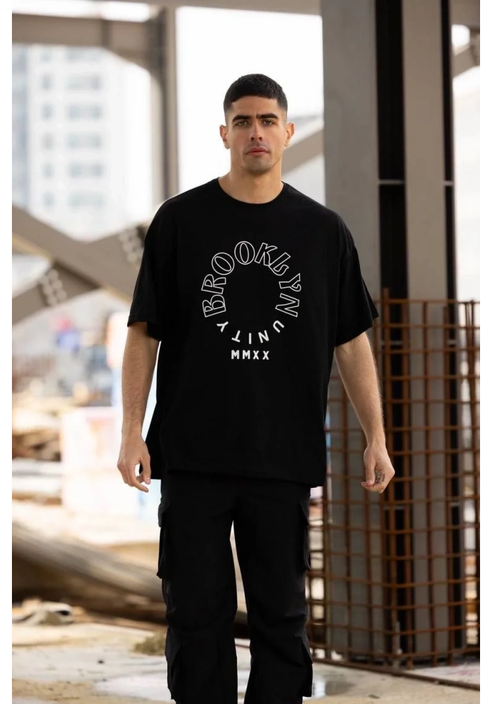 Unisex Bisiklet Yaka Baskılı Oversize T-Shirt - Siyah