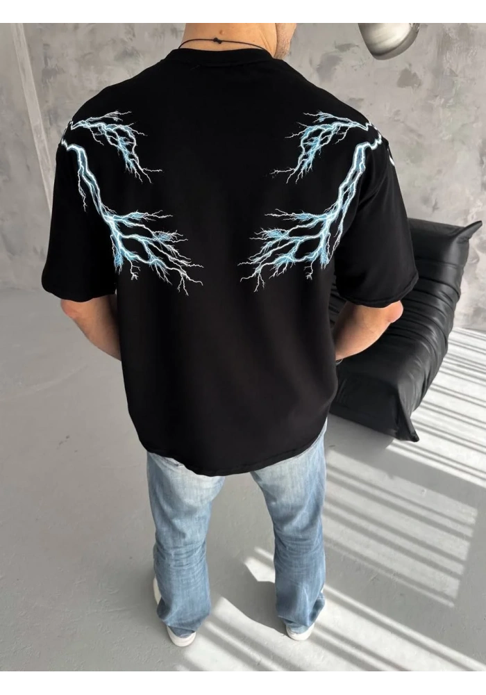 ERKEK Bisiklet Yaka Baskılı Oversize T-Shirt - Siyah