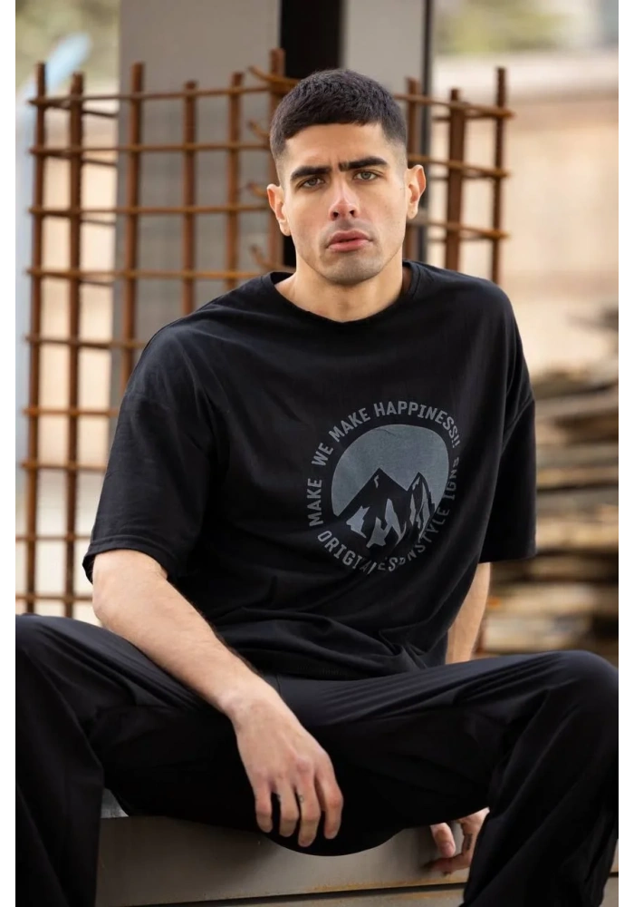 Unisex Bisiklet Yaka Baskılı Oversize T-Shirt - Siyah