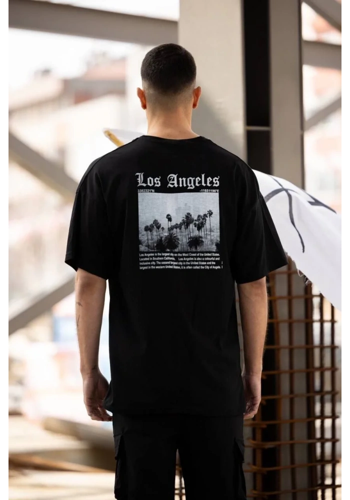 ERKEK Bisiklet Yaka Baskılı Oversize T-Shirt - Siyah