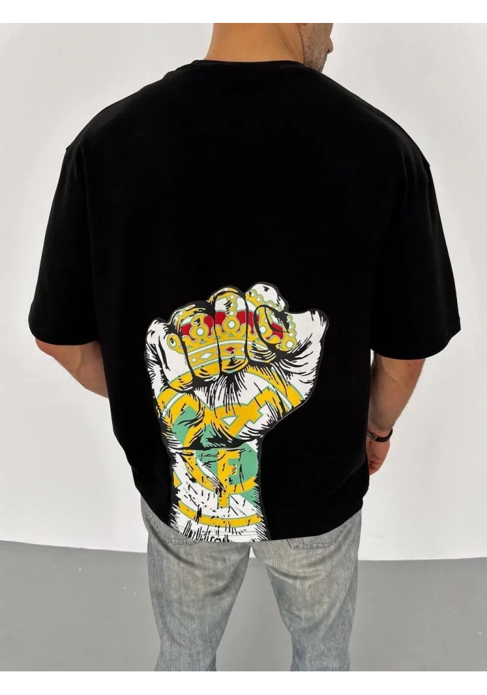 ERKEK Bisiklet Yaka Baskılı Oversize T-Shirt - Siyah
