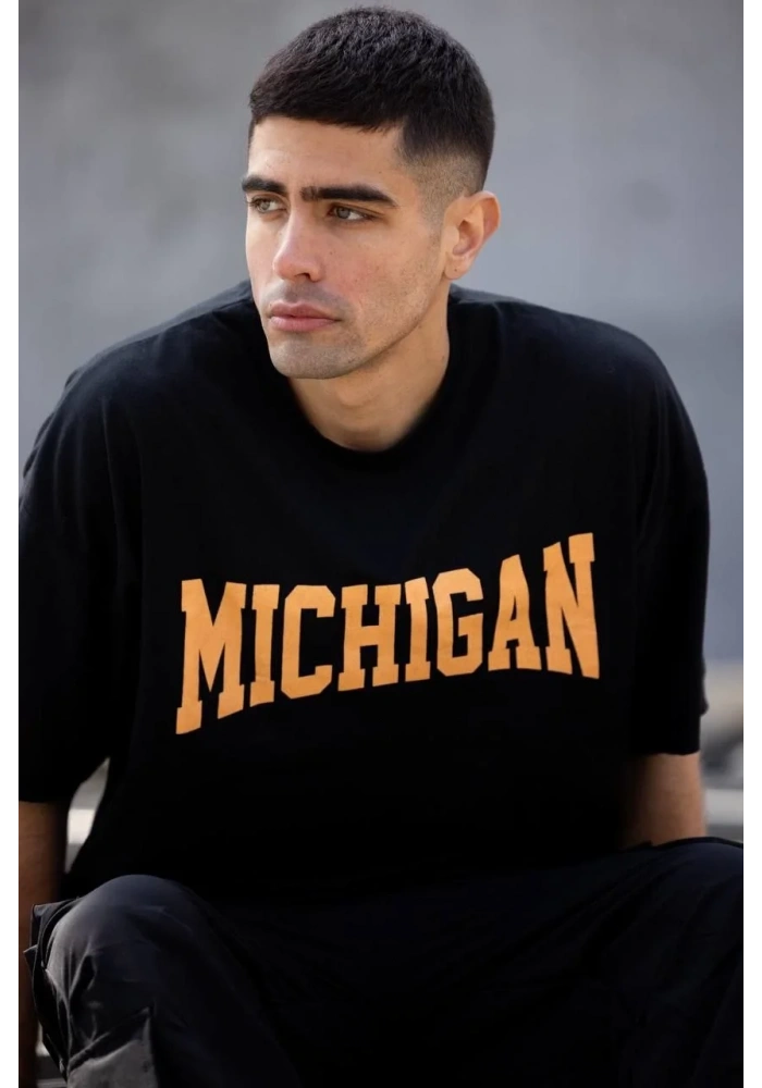 ERKEK Bisiklet Yaka Baskılı Oversize T-Shirt - Siyah