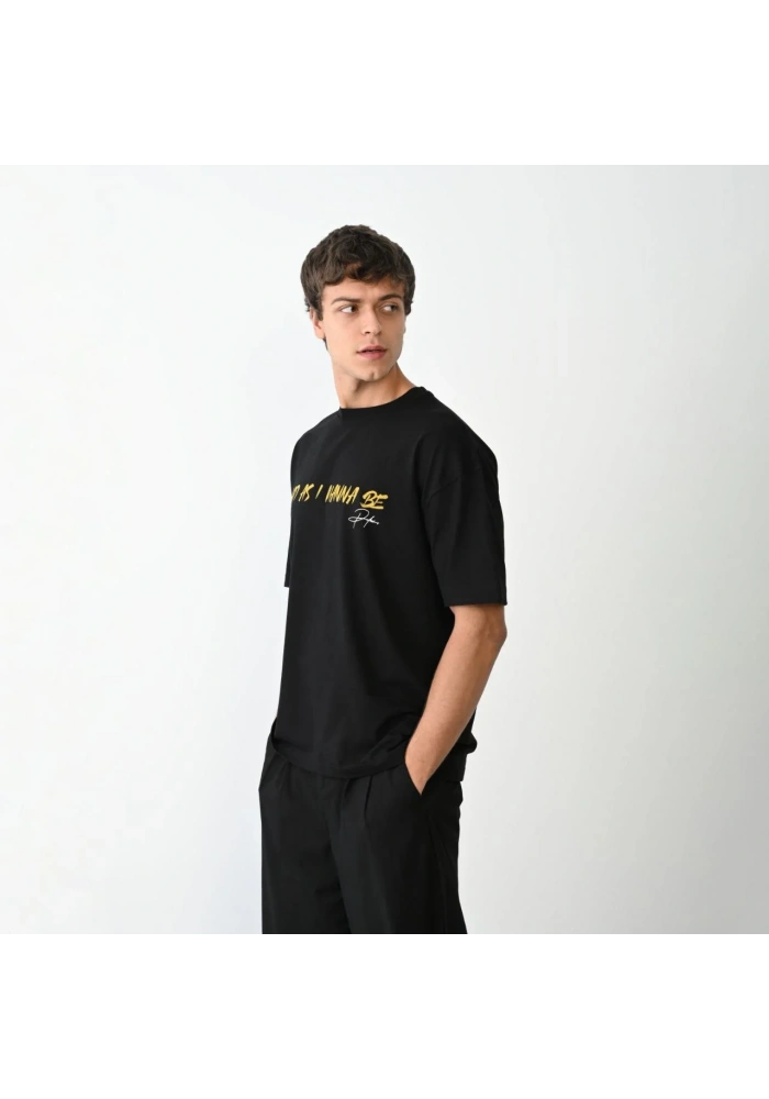 ERKEK Bisiklet Yaka Baskılı Oversize T-Shirt - Siyah