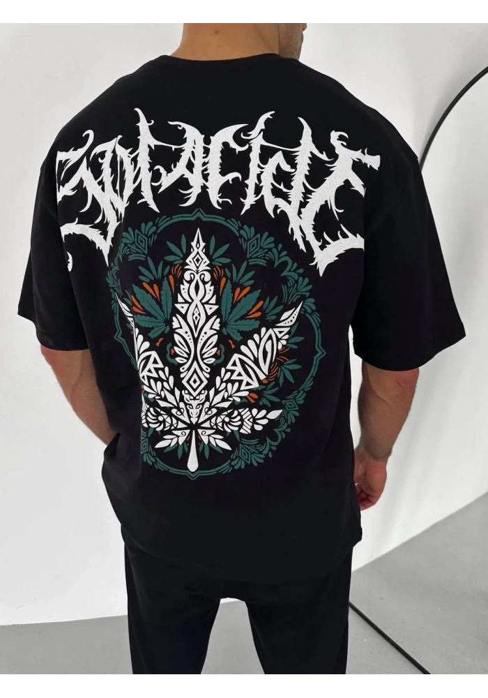 ERKEK Bisiklet Yaka Baskılı Oversize T-Shirt - Siyah