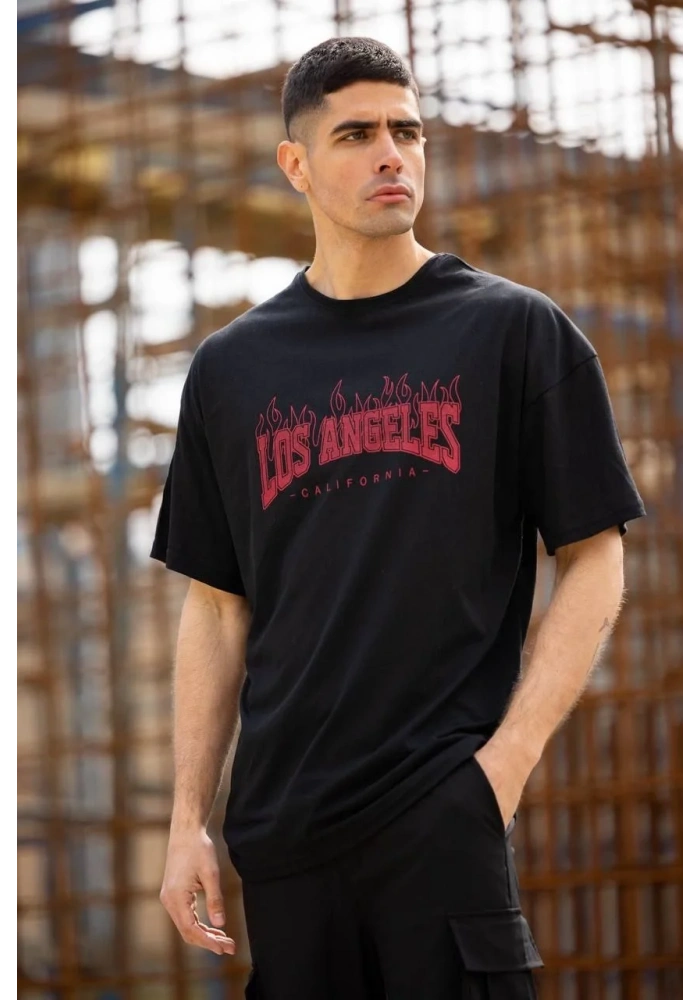 Unisex Bisiklet Yaka Baskılı Oversize T-Shirt - Siyah