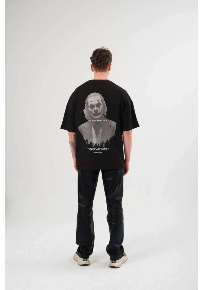 Erkek  Bisiklet Yaka Baskılı Oversize T-Shirt - Siyah