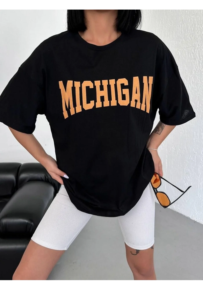 kadın Bisiklet Yaka Baskılı Oversize T-Shirt - Siyah