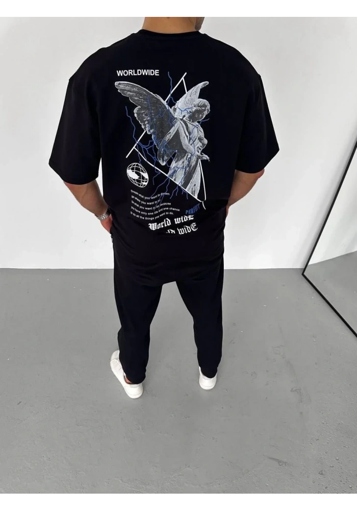 Erkek  Bisiklet Yaka Baskılı Oversize T-Shirt - Siyah