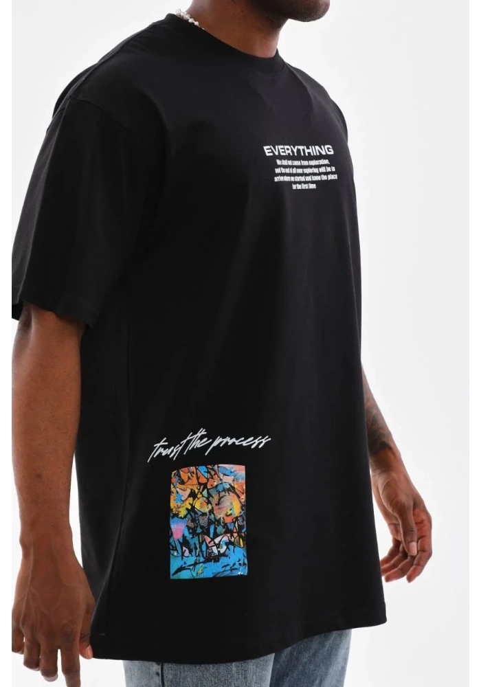 Erkek Bisiklet Yaka Baskılı Oversize T-Shirt - Siyah