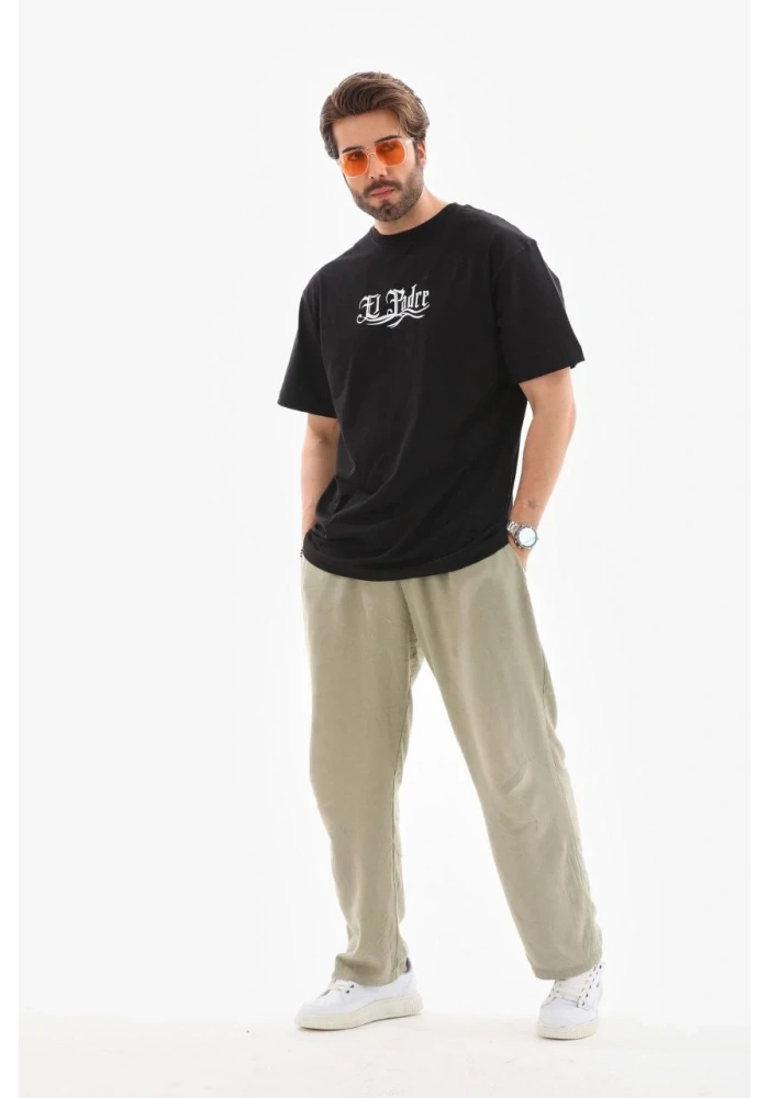 Erkek Bisiklet Yaka Baskılı Oversize T-Shirt - Siyah